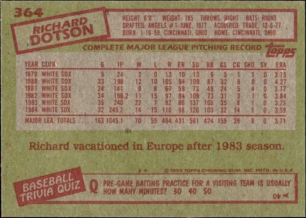 1985 Topps Richard Dotson #364 baseball trading card back