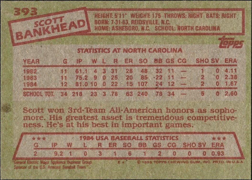 1985 Topps Scott Bankhead #393 baseball trading card back