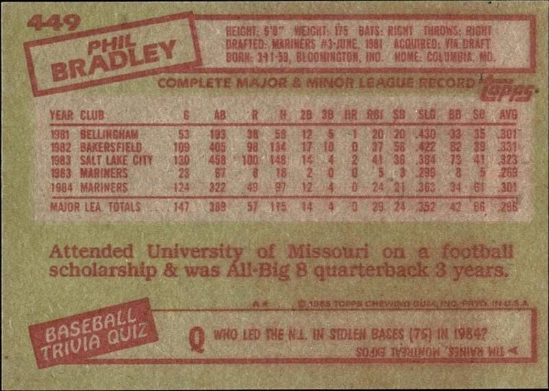 1985 Topps Phil Bradley #449 baseball trading card back
