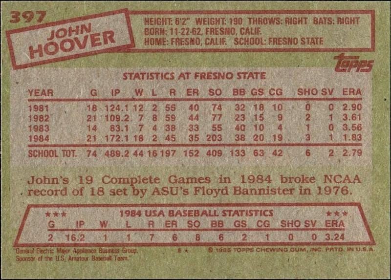 1985 Topps John Hoover #397 baseball trading card back