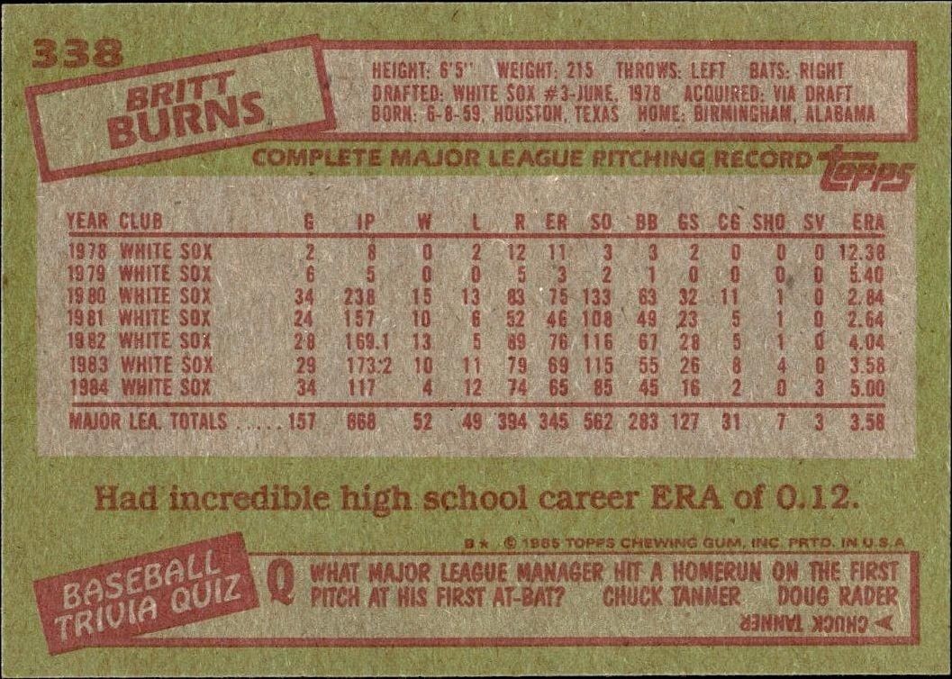 1985 Topps Britt Burns #338 baseball trading card back
