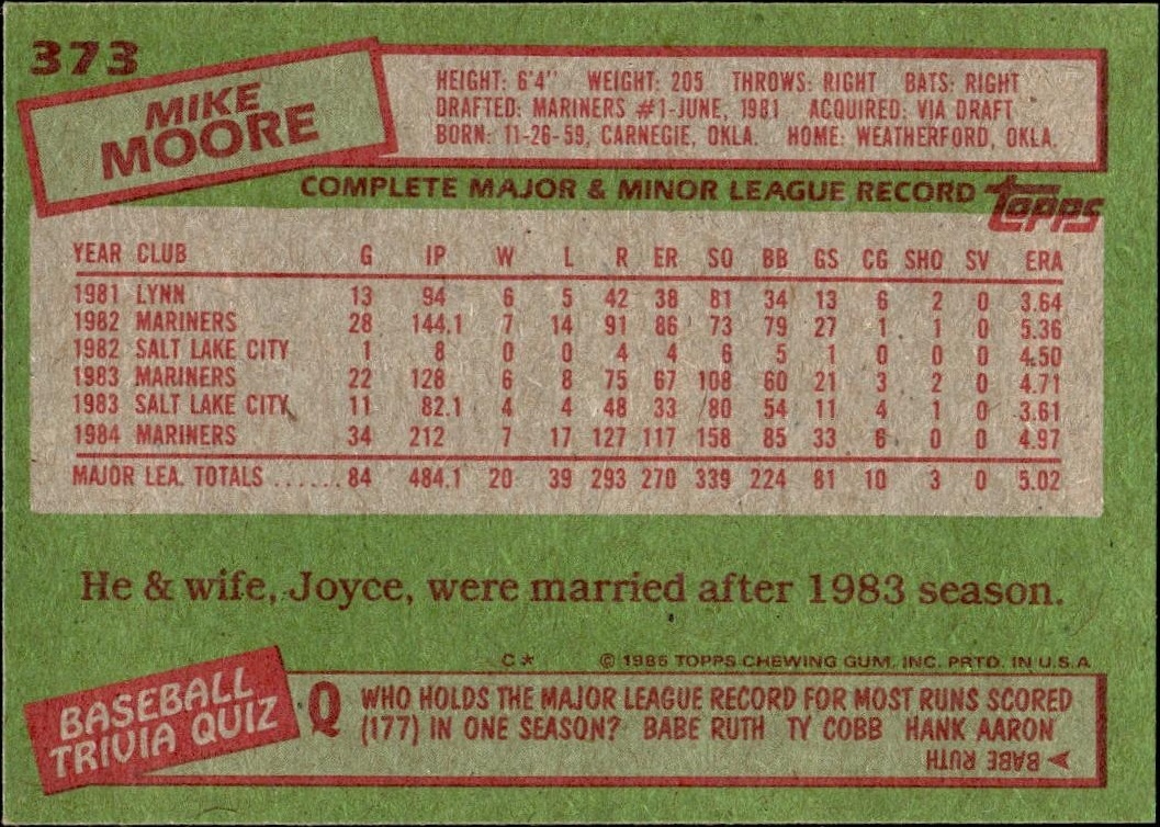 1985 Topps Mike Moore #373 baseball trading card back