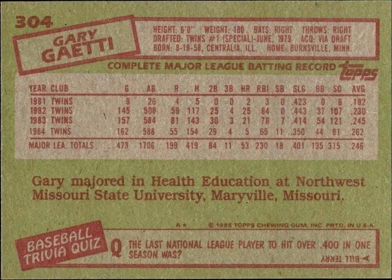 1985 Topps Gary Gaetti #304 baseball trading card back