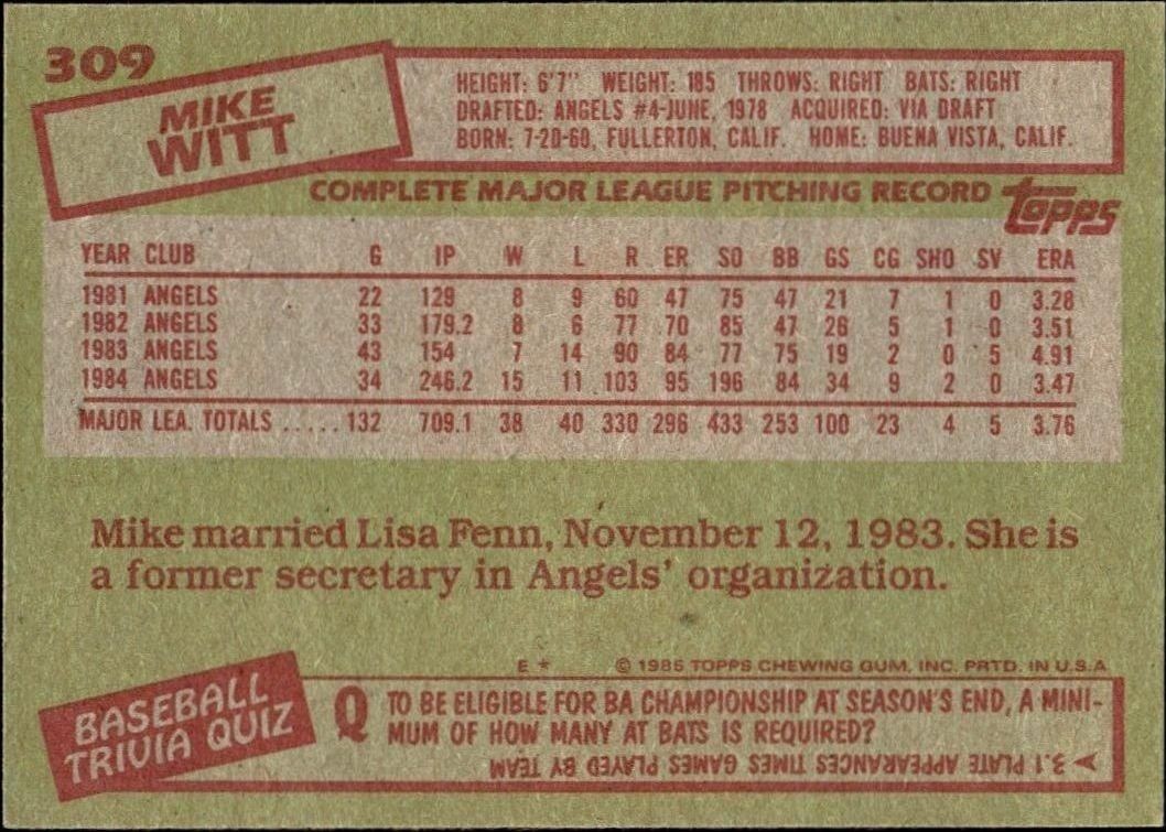 1985 Topps Mike Witt #309 baseball trading card back