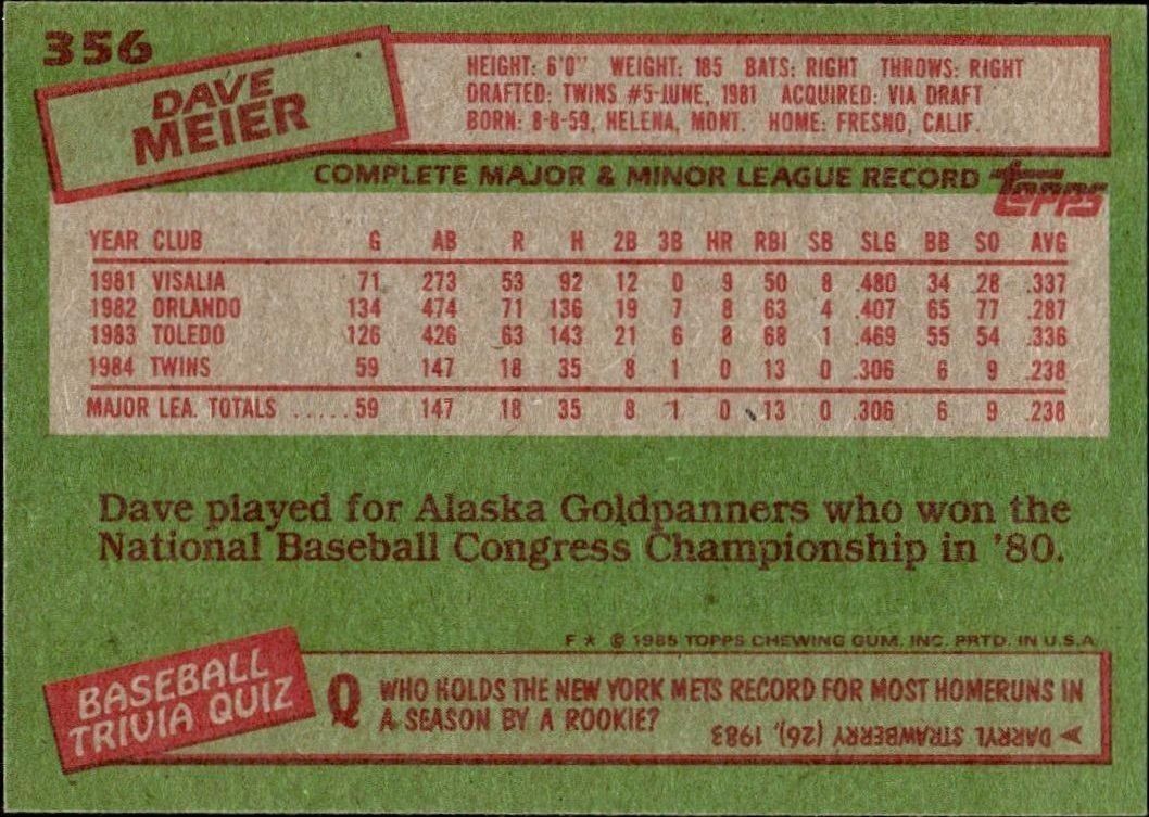 1985 Topps Dave Meier #356 baseball trading card back