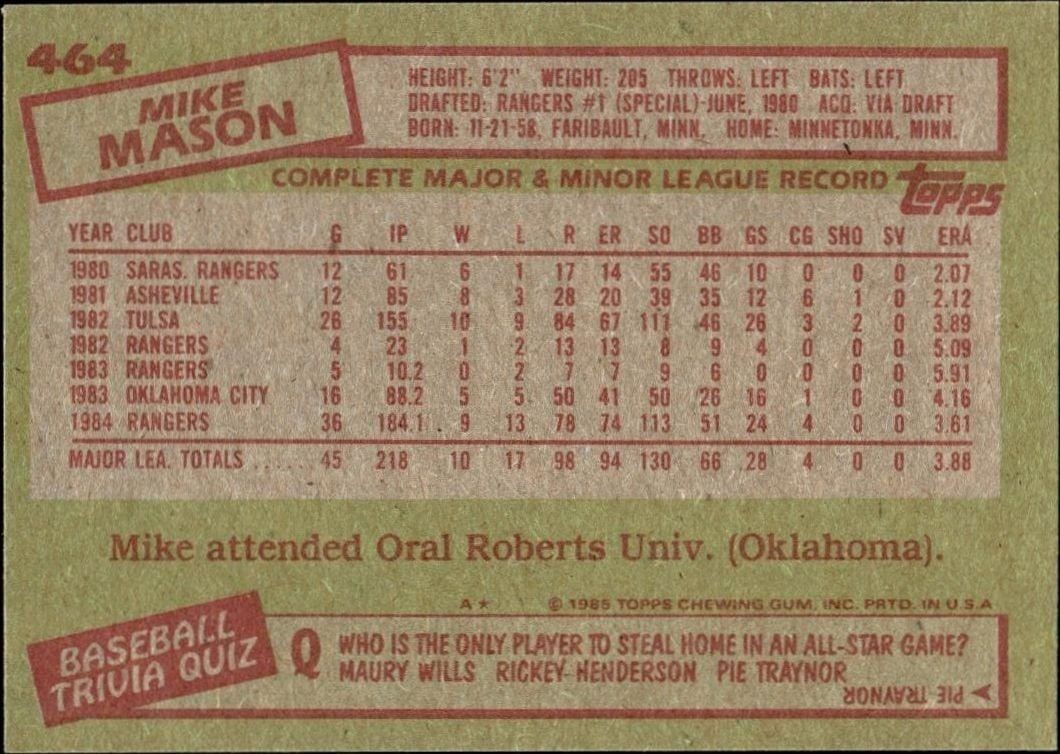 1985 Topps Mike Mason #464 baseball trading card back