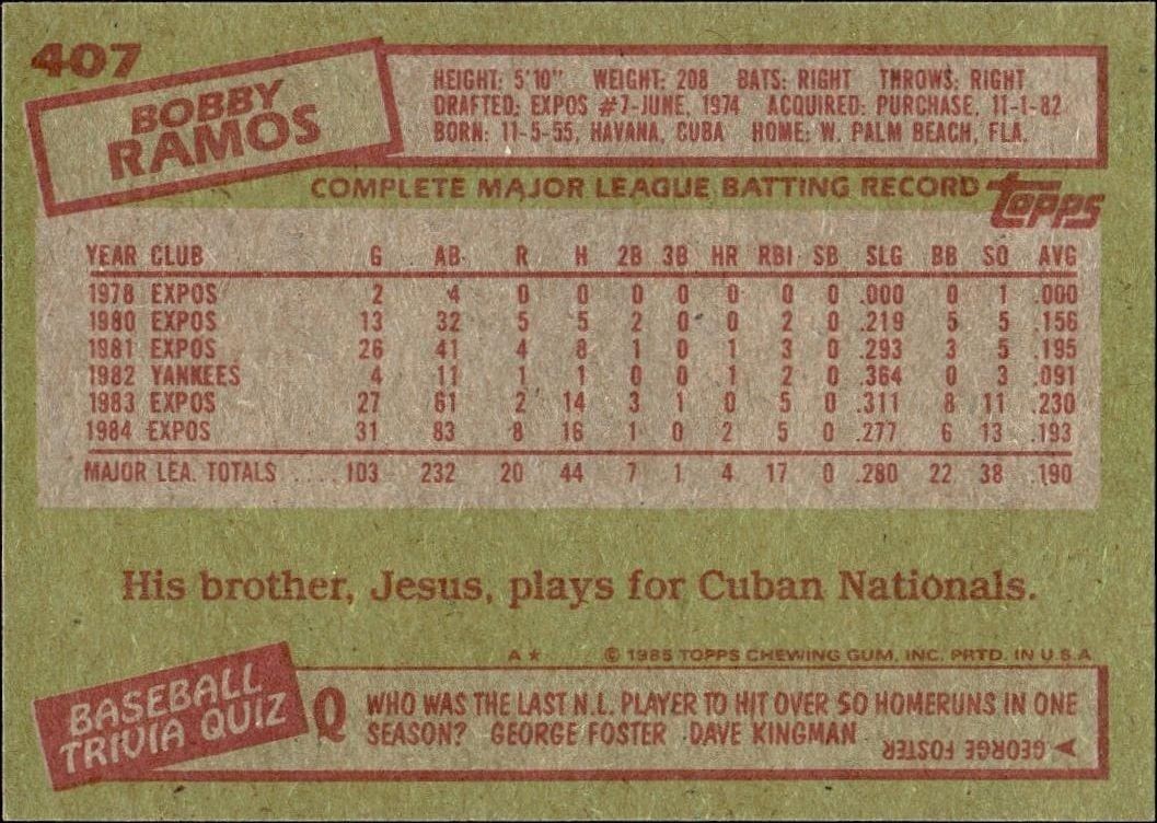 1985 Topps Bobby Ramos #407 baseball trading card back