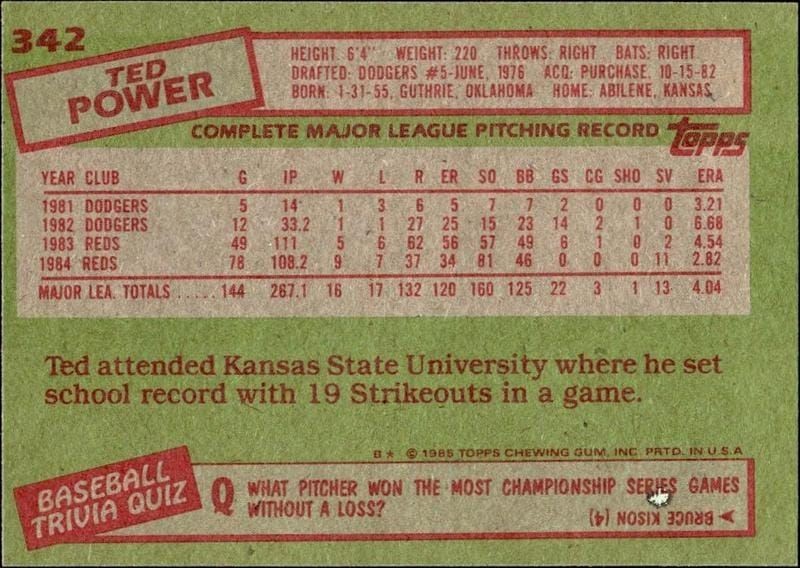 1985 Topps Ted Power #342 baseball trading card back