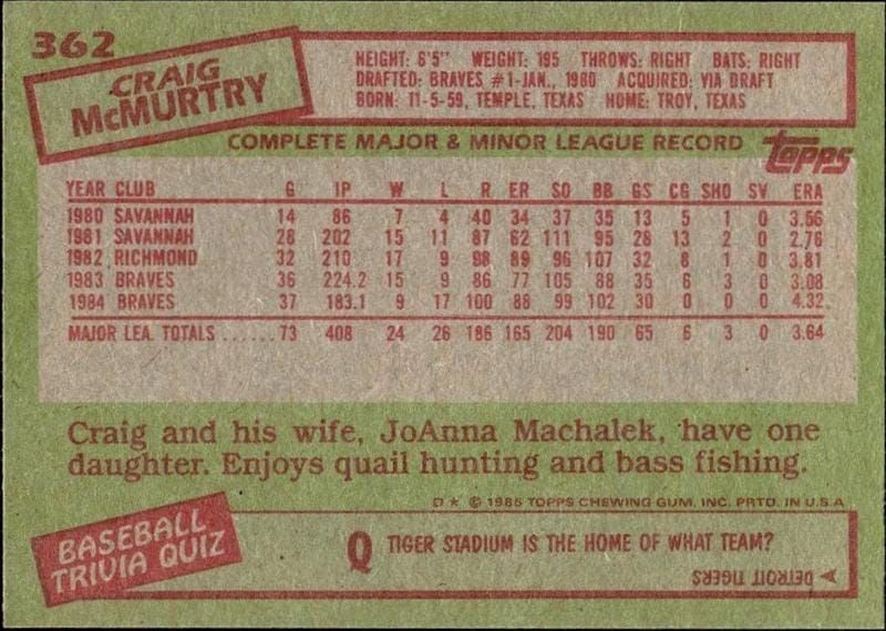1985 Topps Craig McMurtry #362 baseball trading card back
