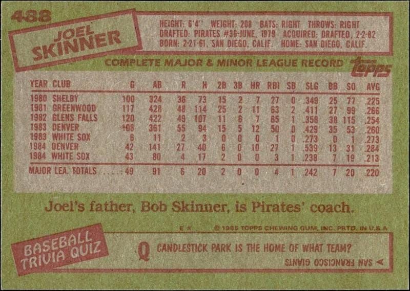 1985 Topps Joel Skinner #488 baseball trading card back