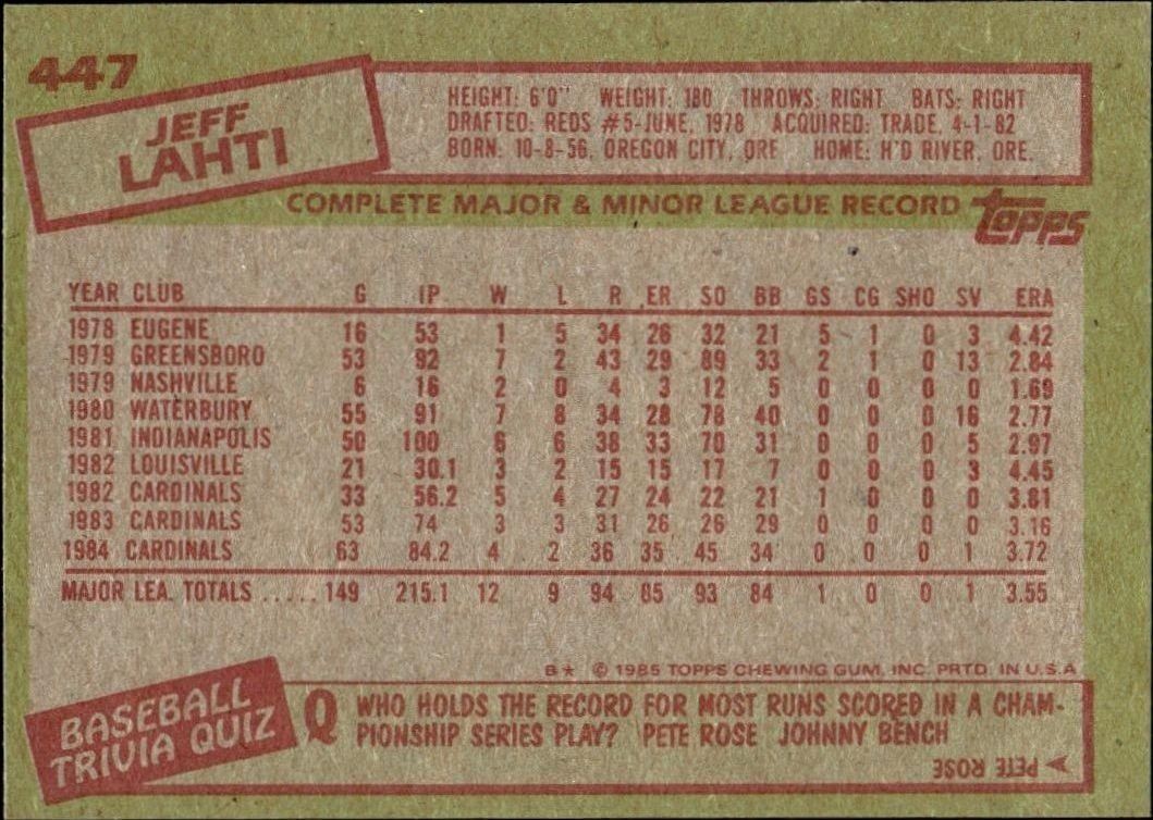 1985 Topps Jeff Lahti #447 baseball trading card back