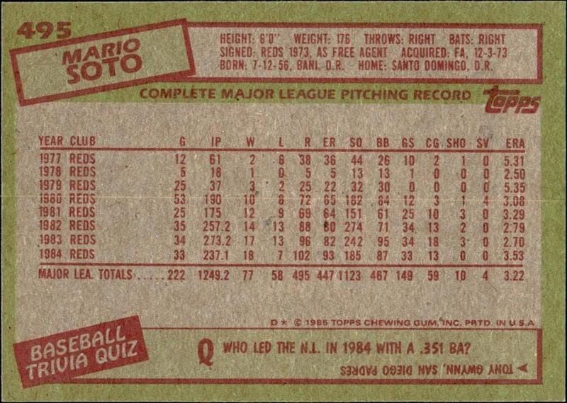 1985 Topps Mario Soto #495 baseball trading card back