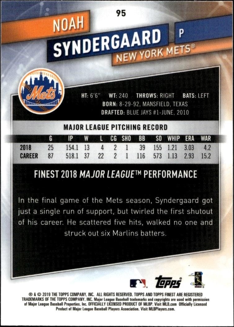 2019 Topps Finest Noah Syndergaard #95 baseball trading card back