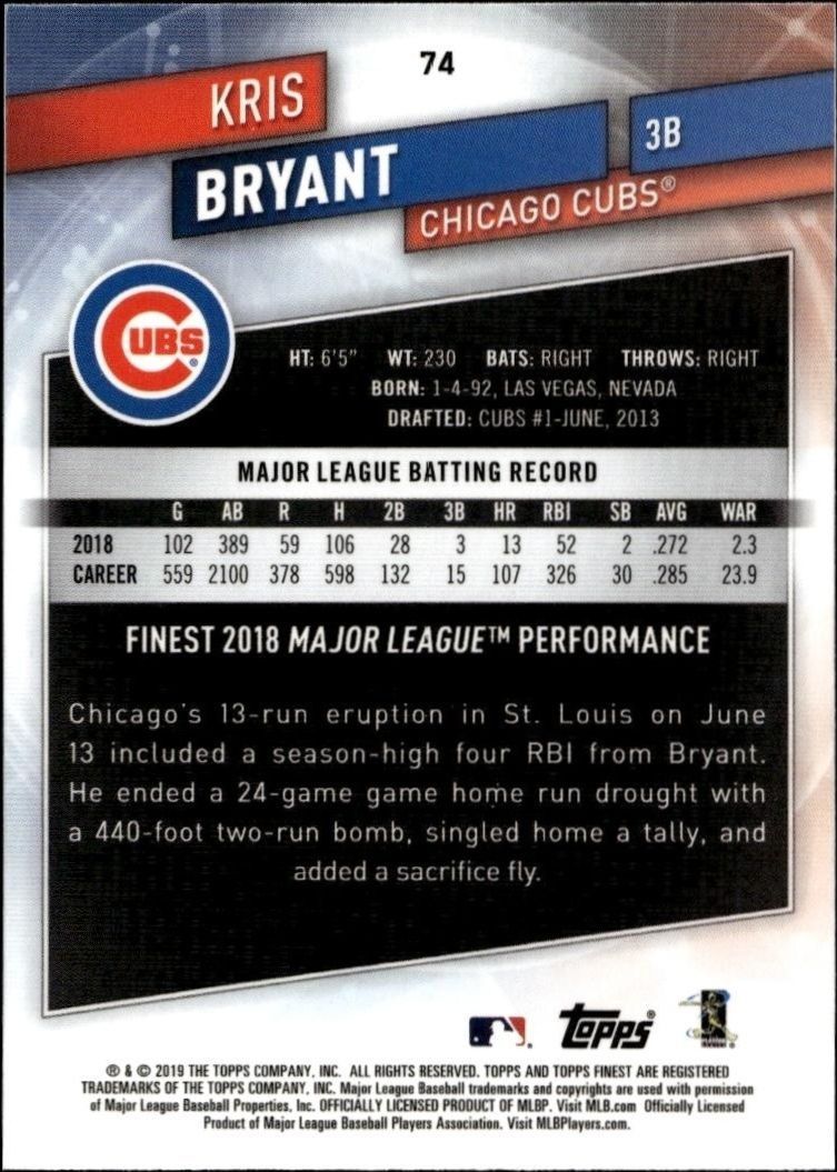2019 Topps Finest Kris Bryant #74 baseball trading card back