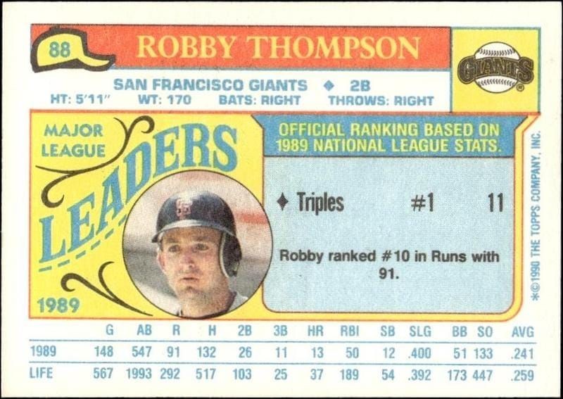1990 Topps Robby Thompson #88 baseball trading card back