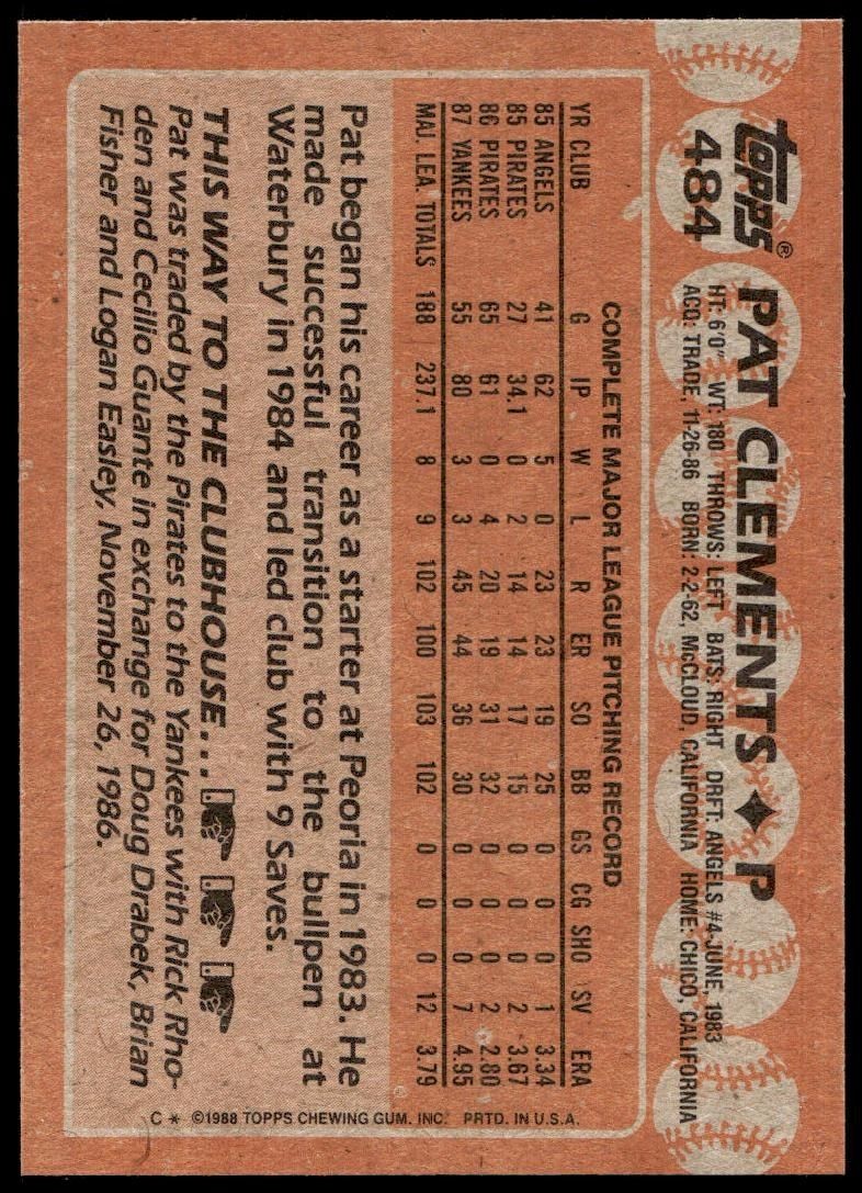 1988 Topps Pat Clements #484 baseball trading card back