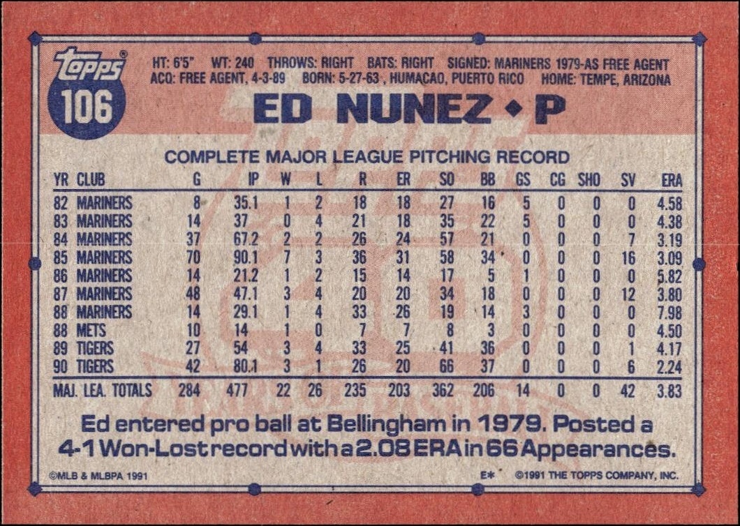 1991 Topps Ed Nunez #106 baseball trading card back