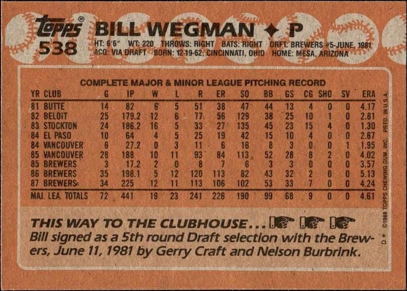 1988 Topps Bill Wegman #538 baseball trading card back