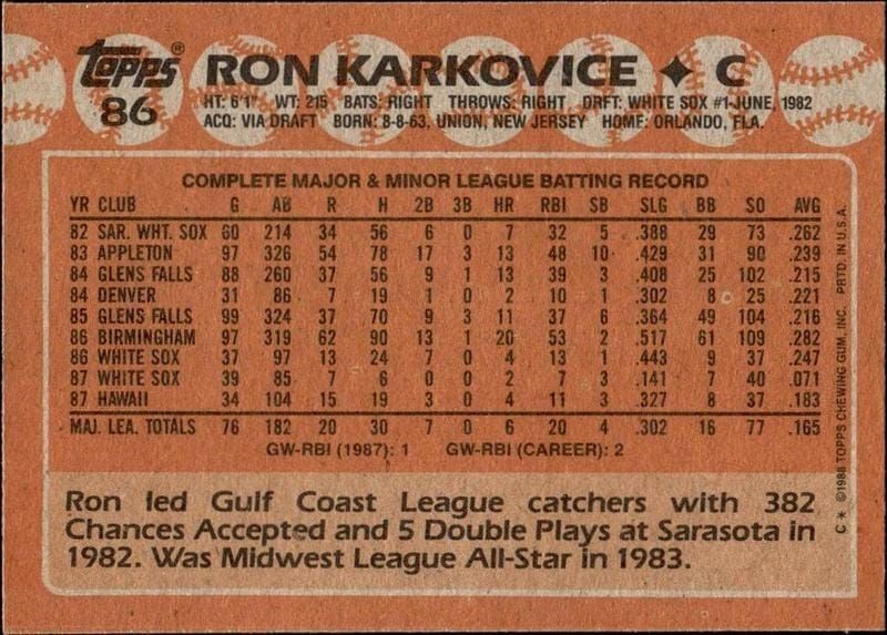 1988 Topps Ron Karkovice #86 baseball trading card back
