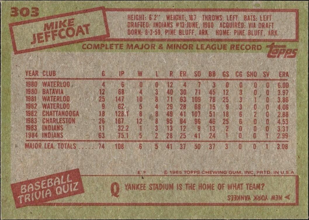 1985 Topps Mike Jeffcoat #303 baseball trading card back