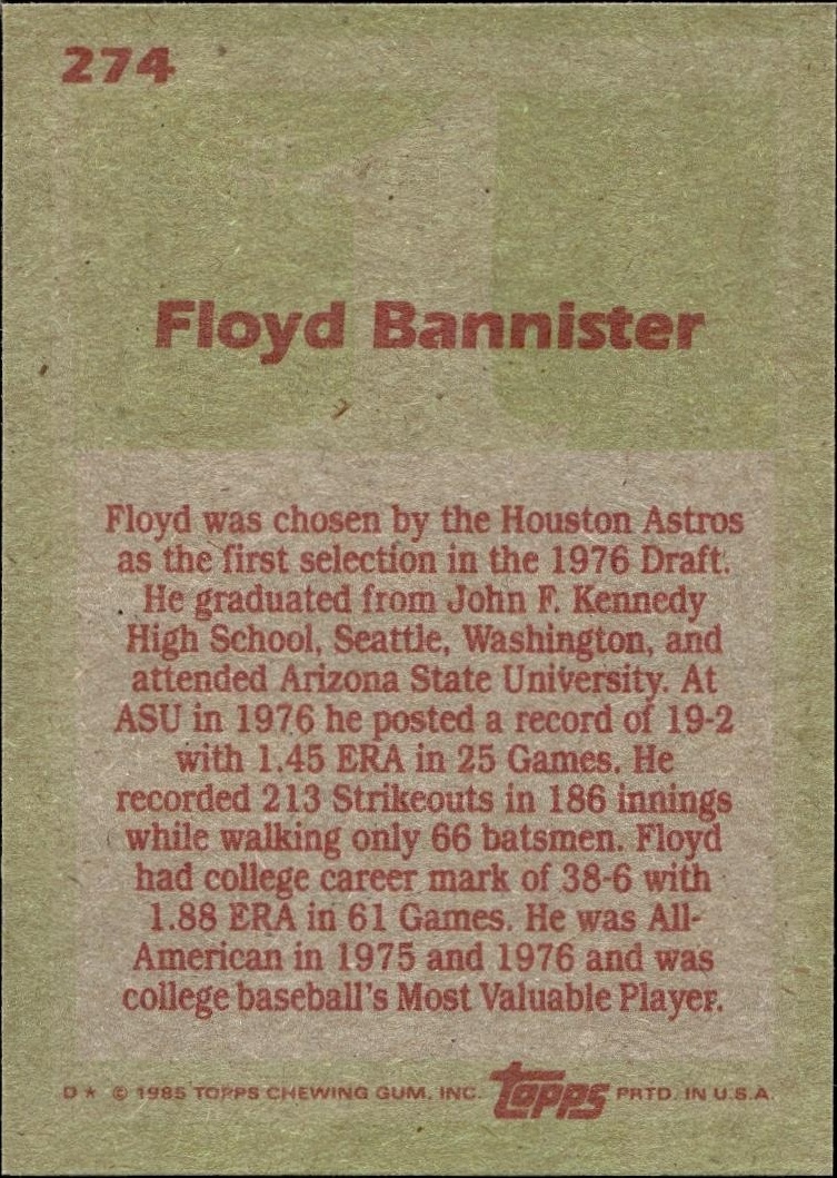 1985 Topps Floyd Bannister #274 baseball trading card back