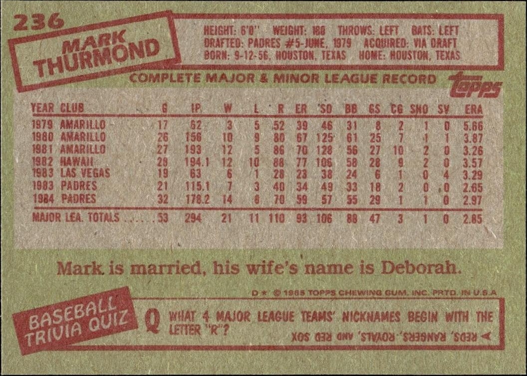 1985 Topps Mark Thurmond #236 baseball trading card back