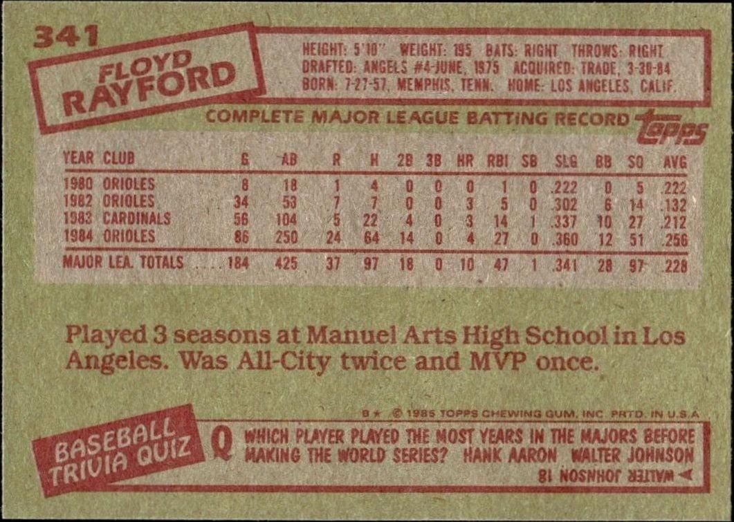 1985 Topps Floyd Rayford #341 baseball trading card back