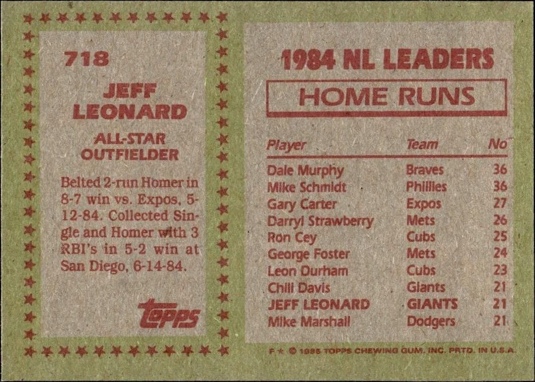 1985 Topps Jeff Leonard #718 baseball trading card back
