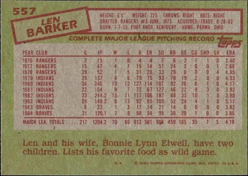 1985 Topps Len Barker #557 baseball trading card back