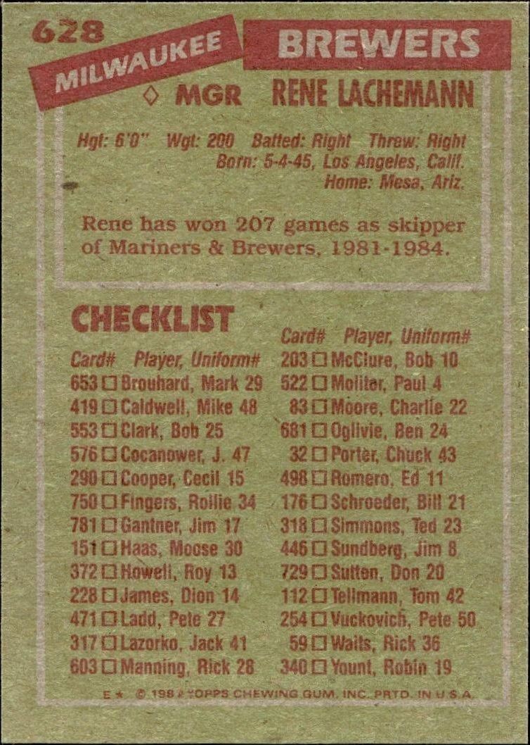 1985 Topps Rene Lachemann #628 baseball trading card back