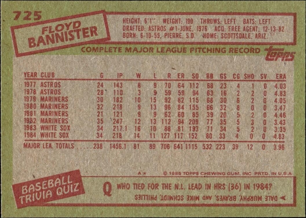1985 Topps Floyd Bannister #725 baseball trading card back