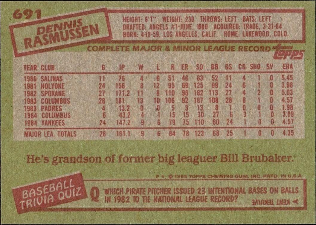 1985 Topps Dennis Rasmussen #691 baseball trading card back