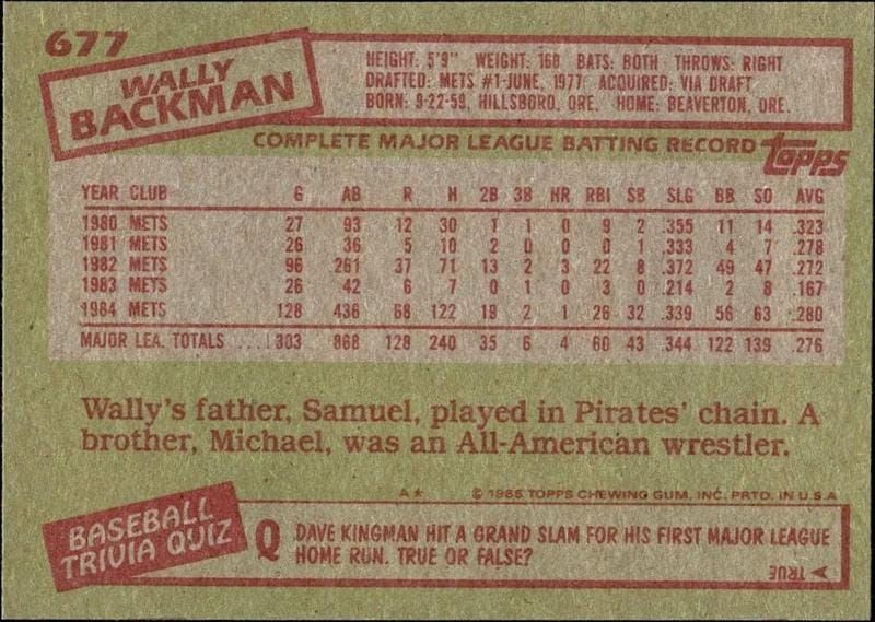1985 Topps Wally Backman #677 baseball trading card back