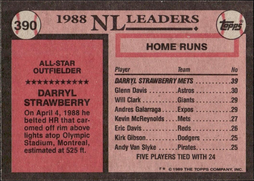 1989 Topps Darryl Strawberry #390 baseball trading card back
