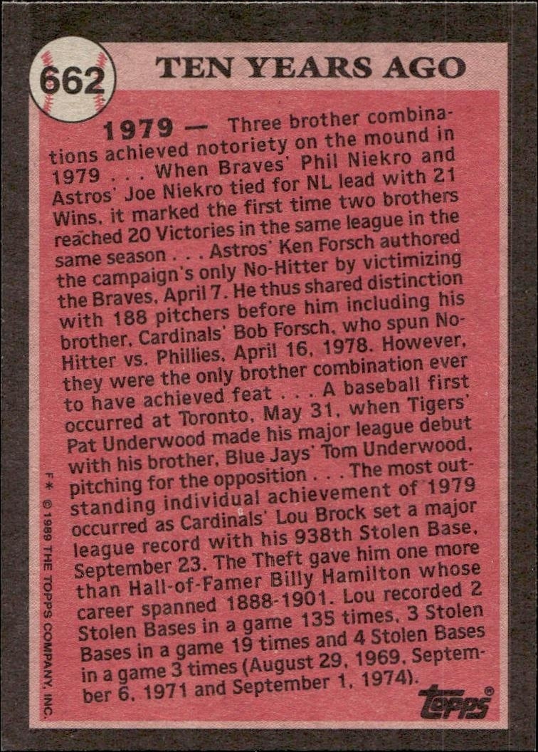 1989 Topps Lou Brock #662 baseball trading card back