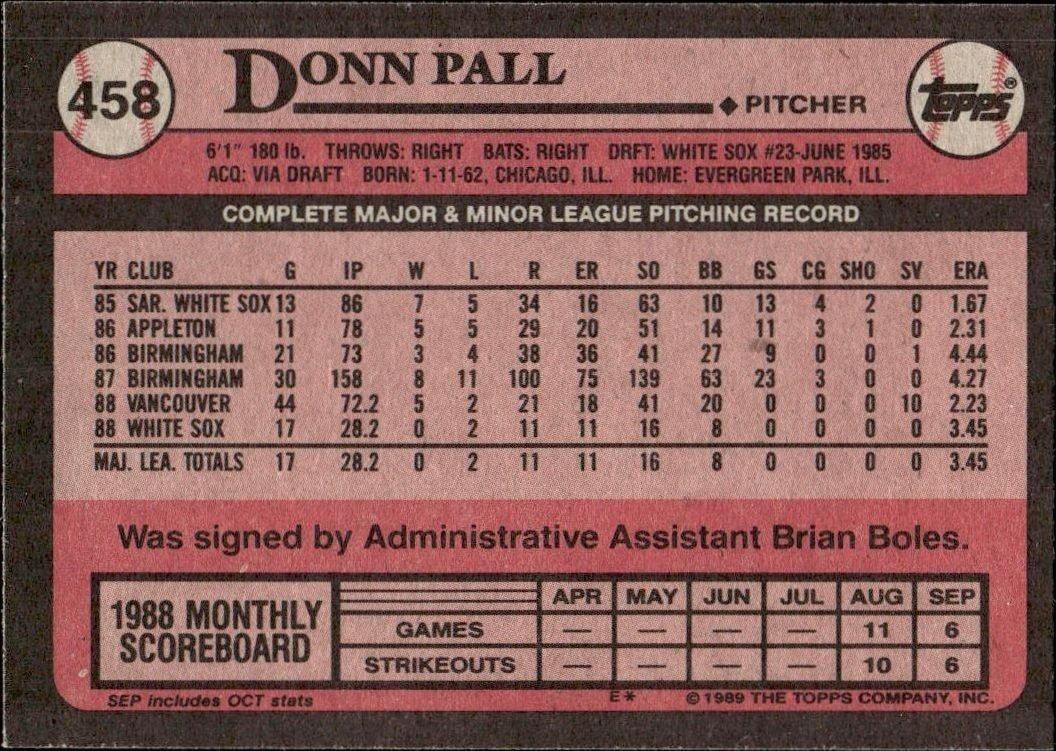 1989 Topps Donn Pall #458 baseball trading card back