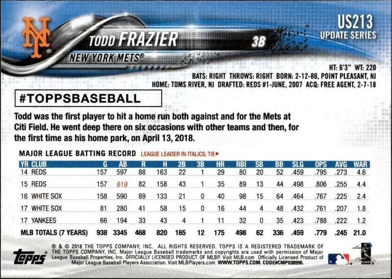 2018 Topps Update Todd Frazier #US213 baseball trading card back
