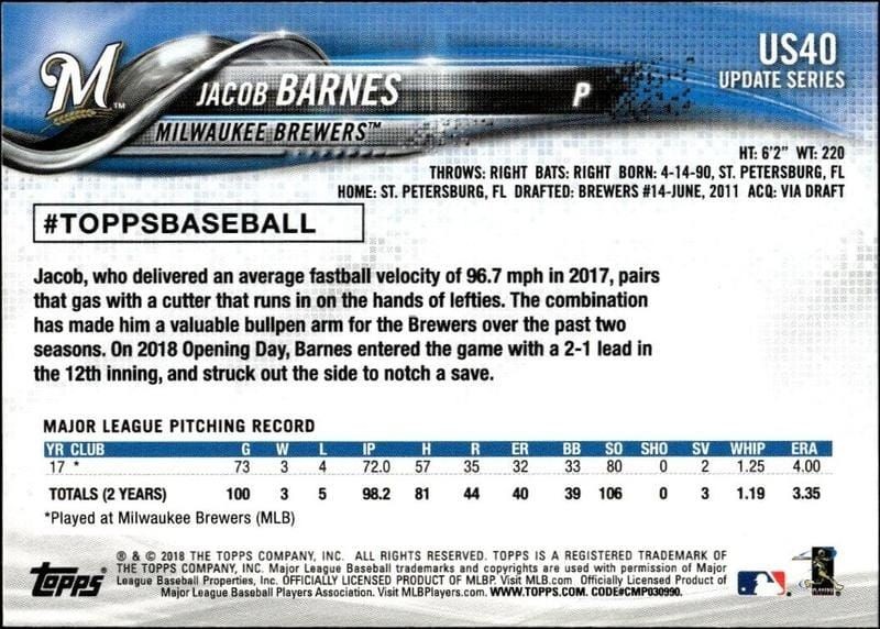 2018 Topps Update Jacob Barnes #US40 baseball trading card back