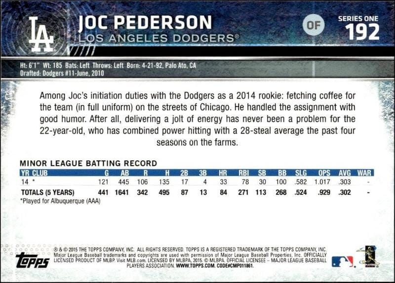 2015 Topps Joc Pederson #192 baseball trading card back