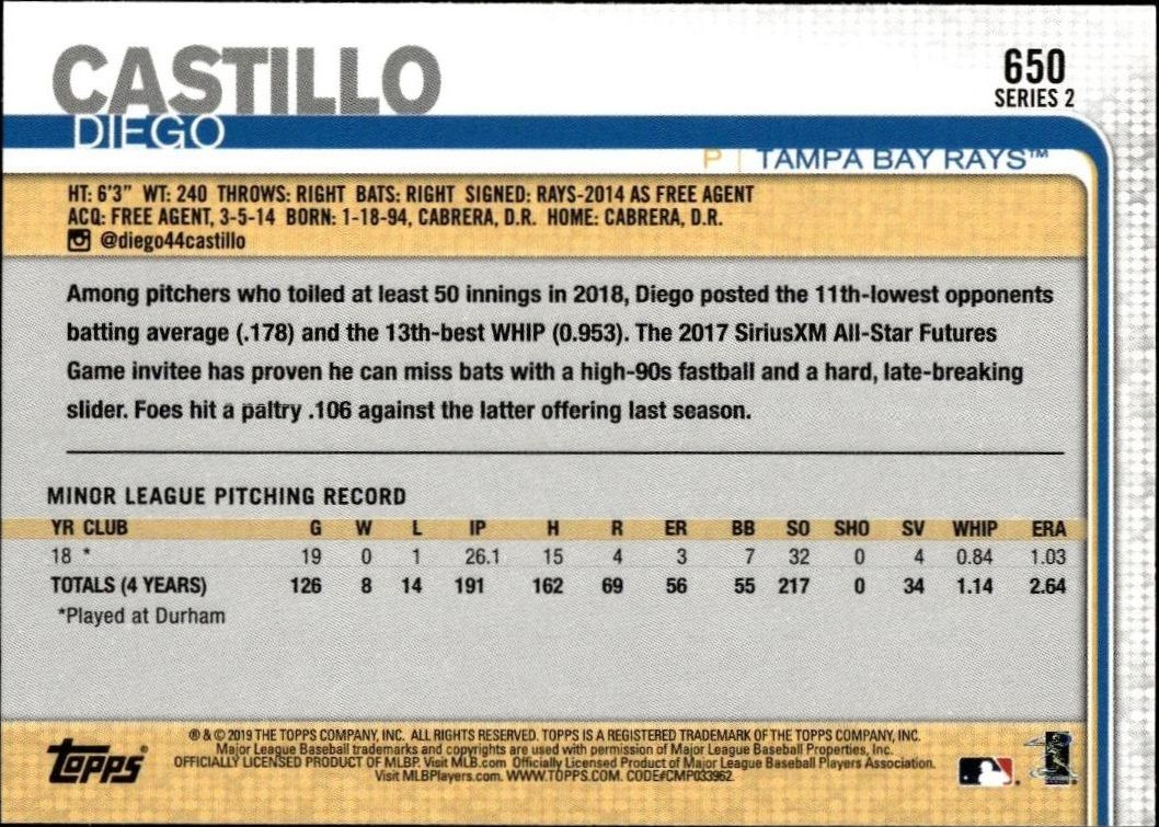 2019 Topps Series 2 Diego Castillo #650 baseball trading card back