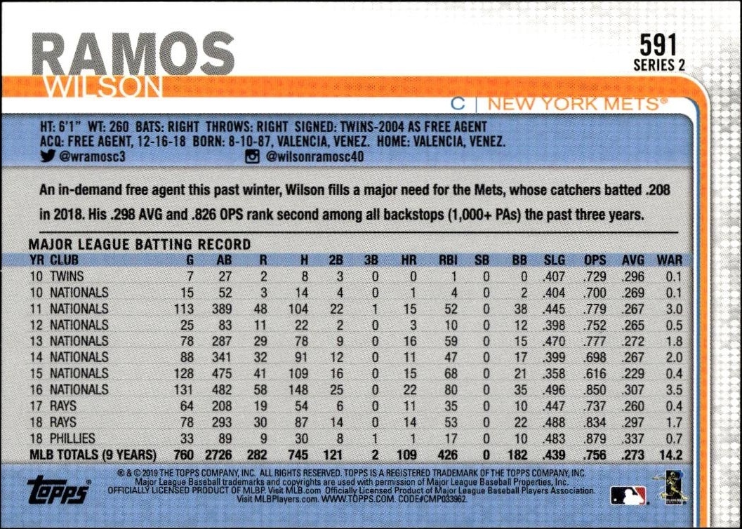 2019 Topps Series 2 Wilson Ramos #591 baseball trading card back