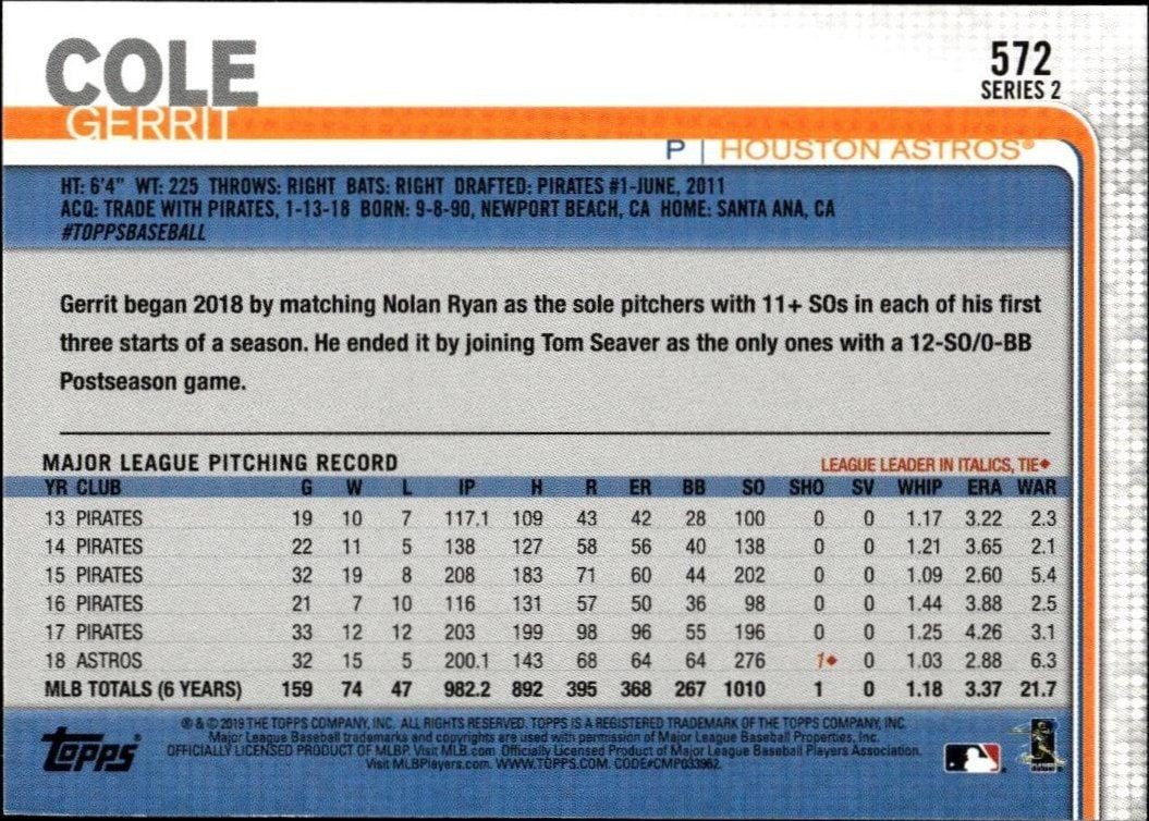 2019 Topps Series 2 Gerrit Cole #572 baseball trading card back