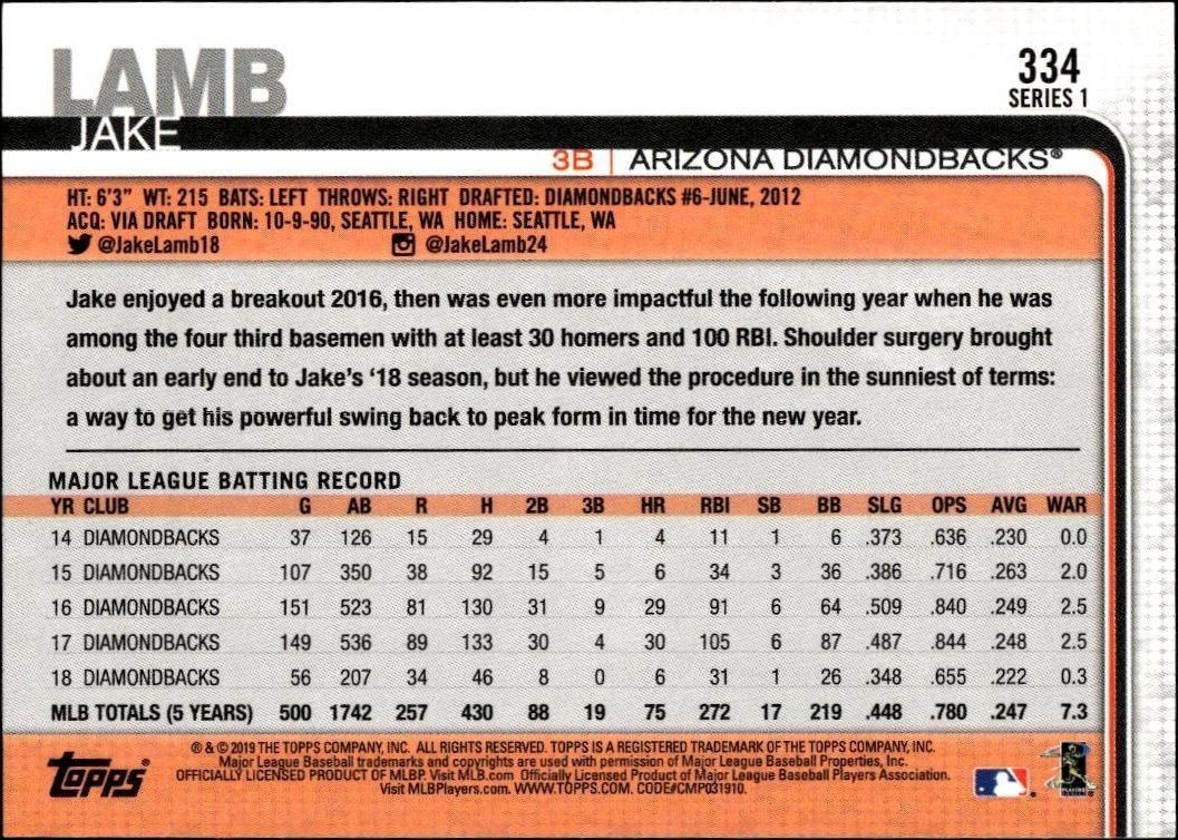 2019 Topps Jake Lamb #334 baseball trading card back
