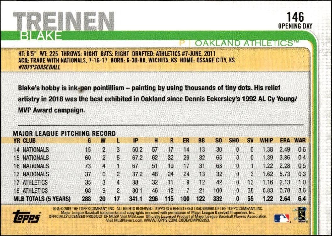 2019 Topps Opening Day Blake Treinen #146 baseball trading card back