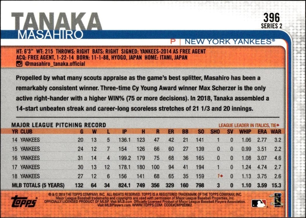 2019 Topps Series 2 Masahiro Tanaka #396 baseball trading card back