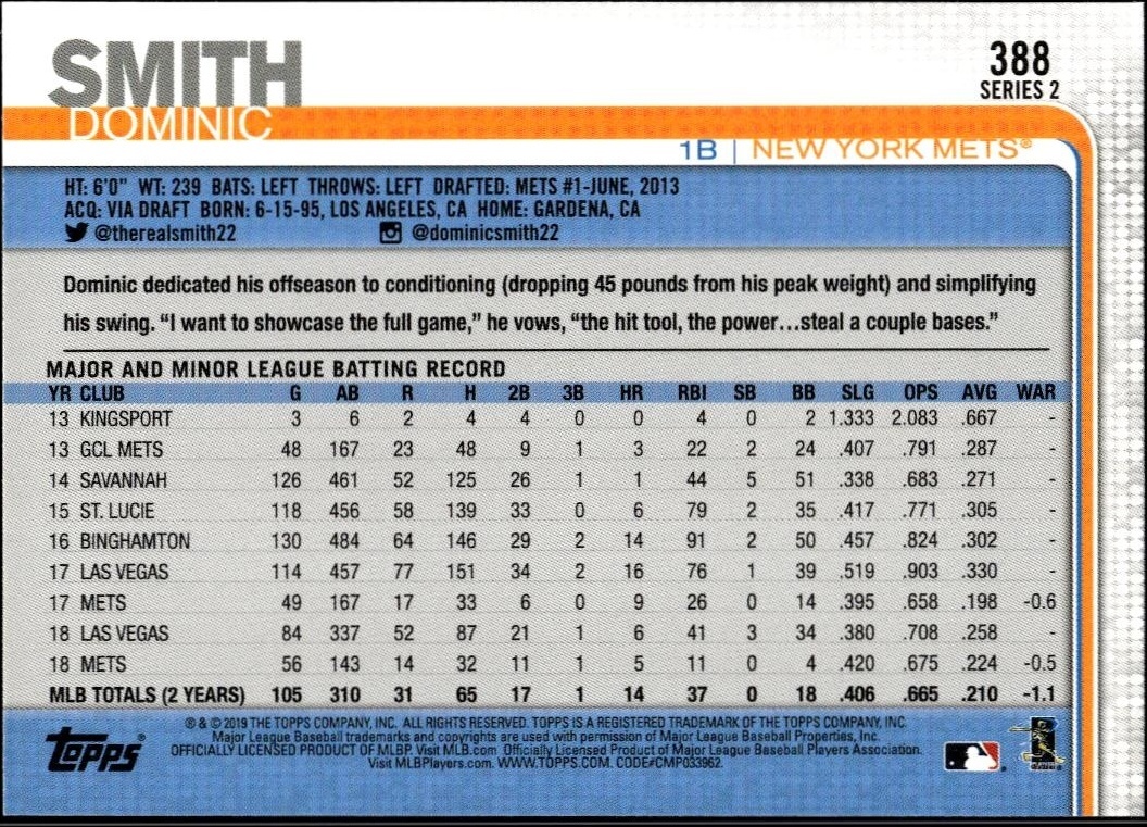 2019 Topps Series 2 Dominic Smith #388 baseball trading card back