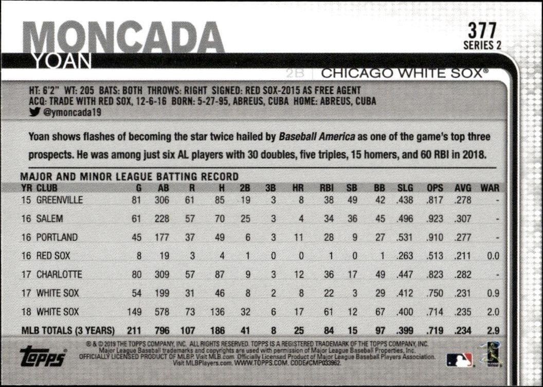 2019 Topps Series 2 Yoan Moncada #377 baseball trading card back
