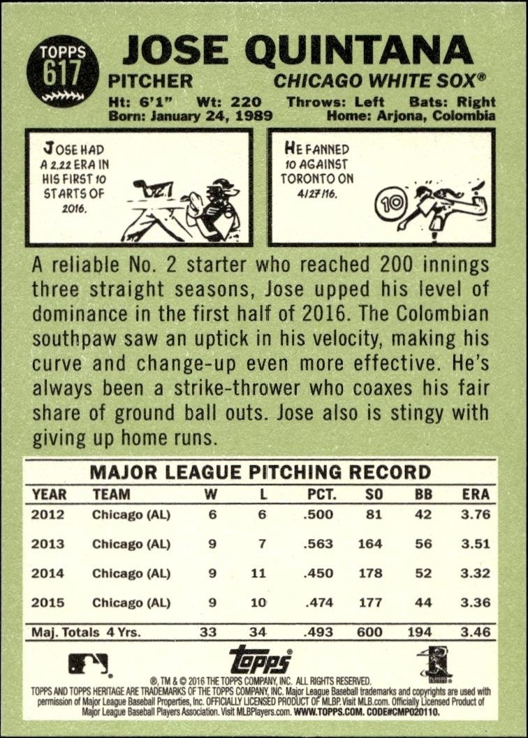 2016 Topps Heritage Jose Quintana #617 baseball trading card back