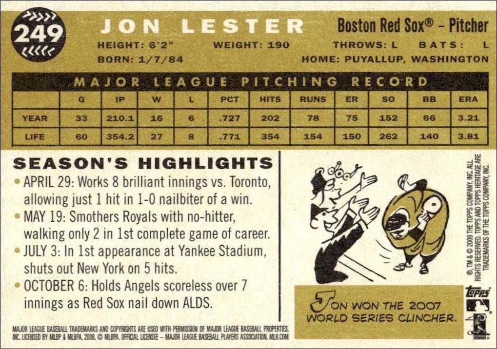 2009 Topps Heritage Jon Lester #249 baseball trading card back
