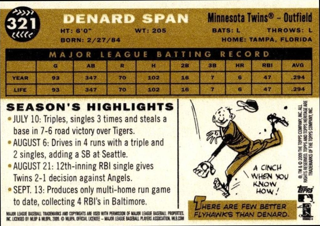 2009 Topps Heritage Denard Span #321 baseball trading card back